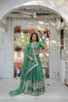 Green South Indian Style Lehenga Choli Set with Golden Sequins & Thread Embroidery