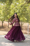 Wine Shimmer Vichitra Stitched Plan Lehenga with Jacquard Flower Design and Embroidered