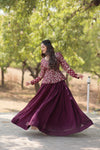 Wine Shimmer Vichitra Stitched Plan Lehenga with Jacquard Flower Design and Embroidered