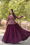 Wine Shimmer Vichitra Stitched Plan Lehenga with Jacquard Flower Design and Embroidered