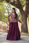 Wine Shimmer Vichitra Stitched Plan Lehenga with Jacquard Flower Design and Embroidered