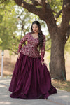 Wine Shimmer Vichitra Stitched Plan Lehenga with Jacquard Flower Design and Embroidered