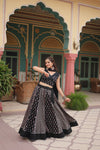 Black Rayon Printed Navratri Special Lehenga Choli Set with Gota Patti Lace