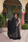 Black Rayon Printed Navratri Special Lehenga Choli Set with Gota Patti Lace