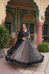 Black Rayon Printed Navratri Special Lehenga Choli Set with Gota Patti Lace