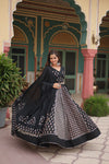 Black Rayon Printed Navratri Special Lehenga Choli Set with Gota Patti Lace