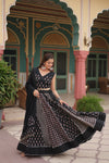 Black Rayon Printed Navratri Special Lehenga Choli Set with Gota Patti Lace