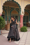 Black Rayon Printed Navratri Special Lehenga Choli Set with Gota Patti Lace