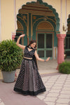 Black Rayon Printed Navratri Special Lehenga Choli Set with Gota Patti Lace